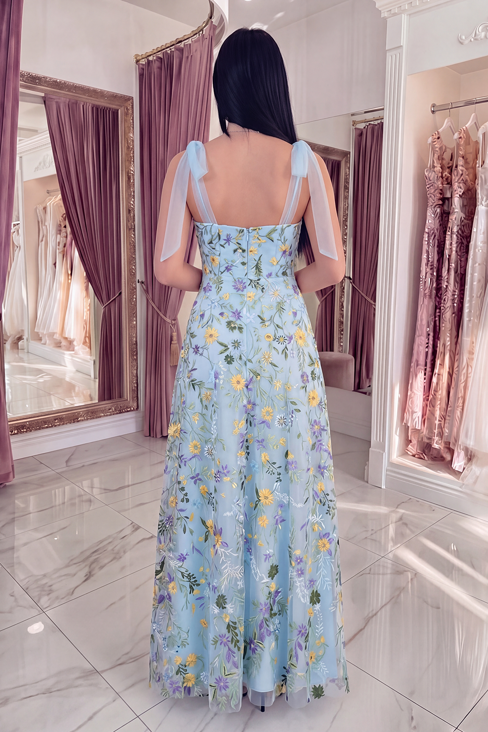Blue Flower Corset A Line Long Prom Dress with Bows