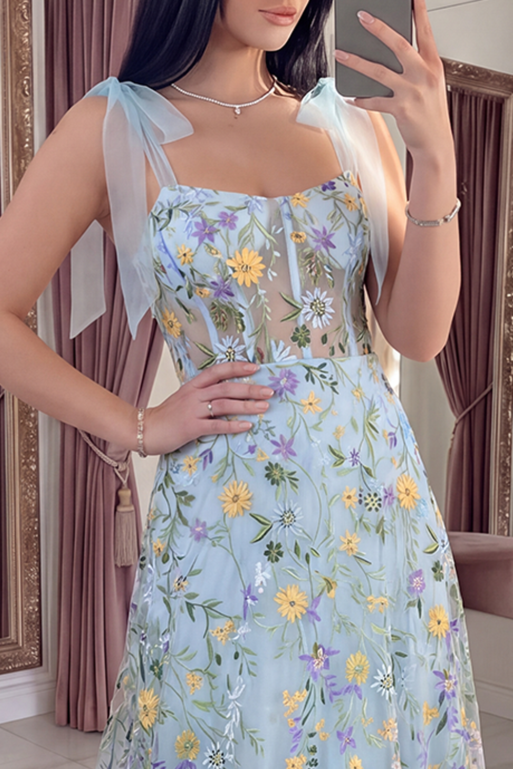 Blue Flower Corset A Line Long Prom Dress with Bows