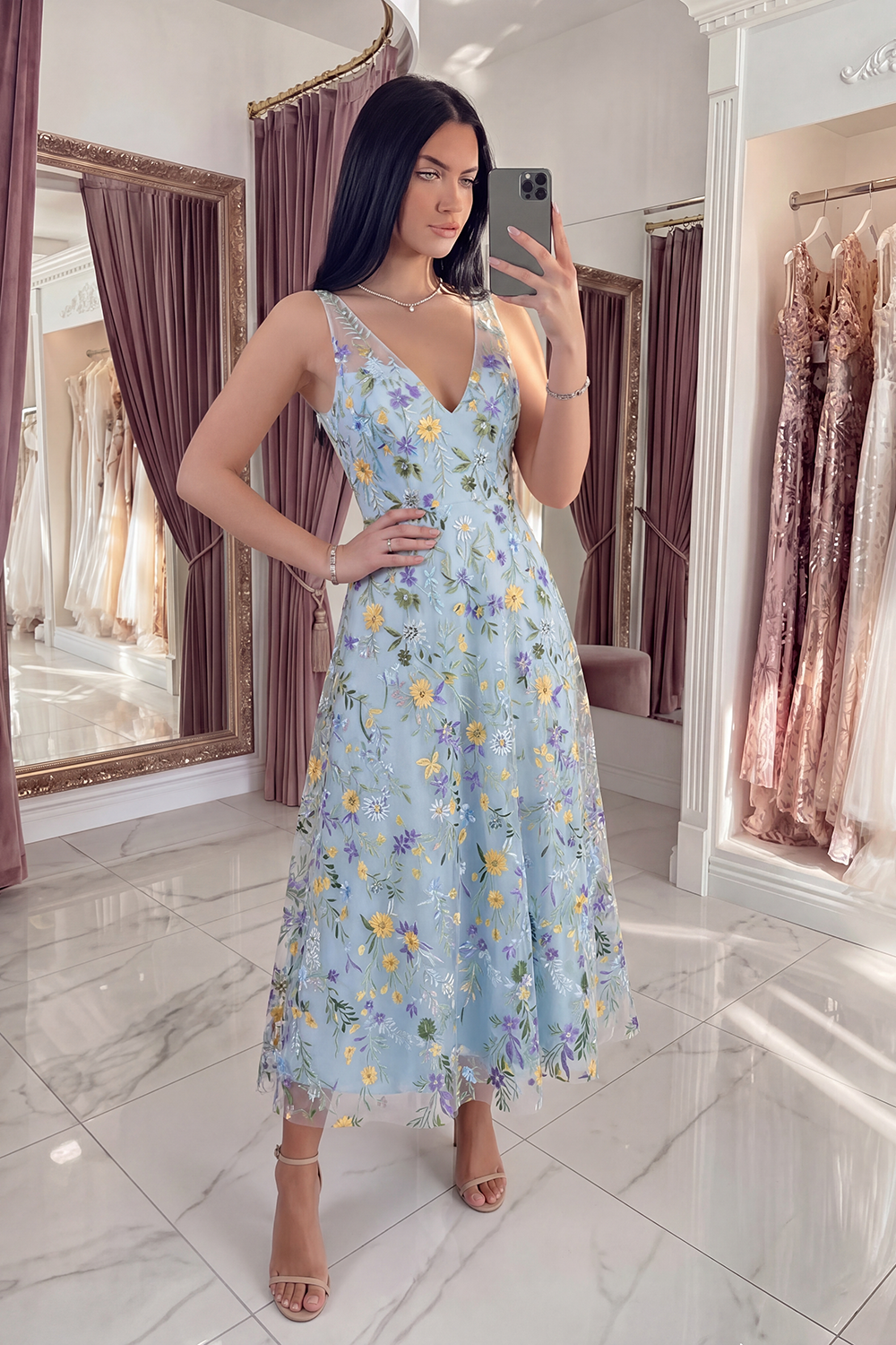 V-Neck Blue Flower Long A Line Prom Dress