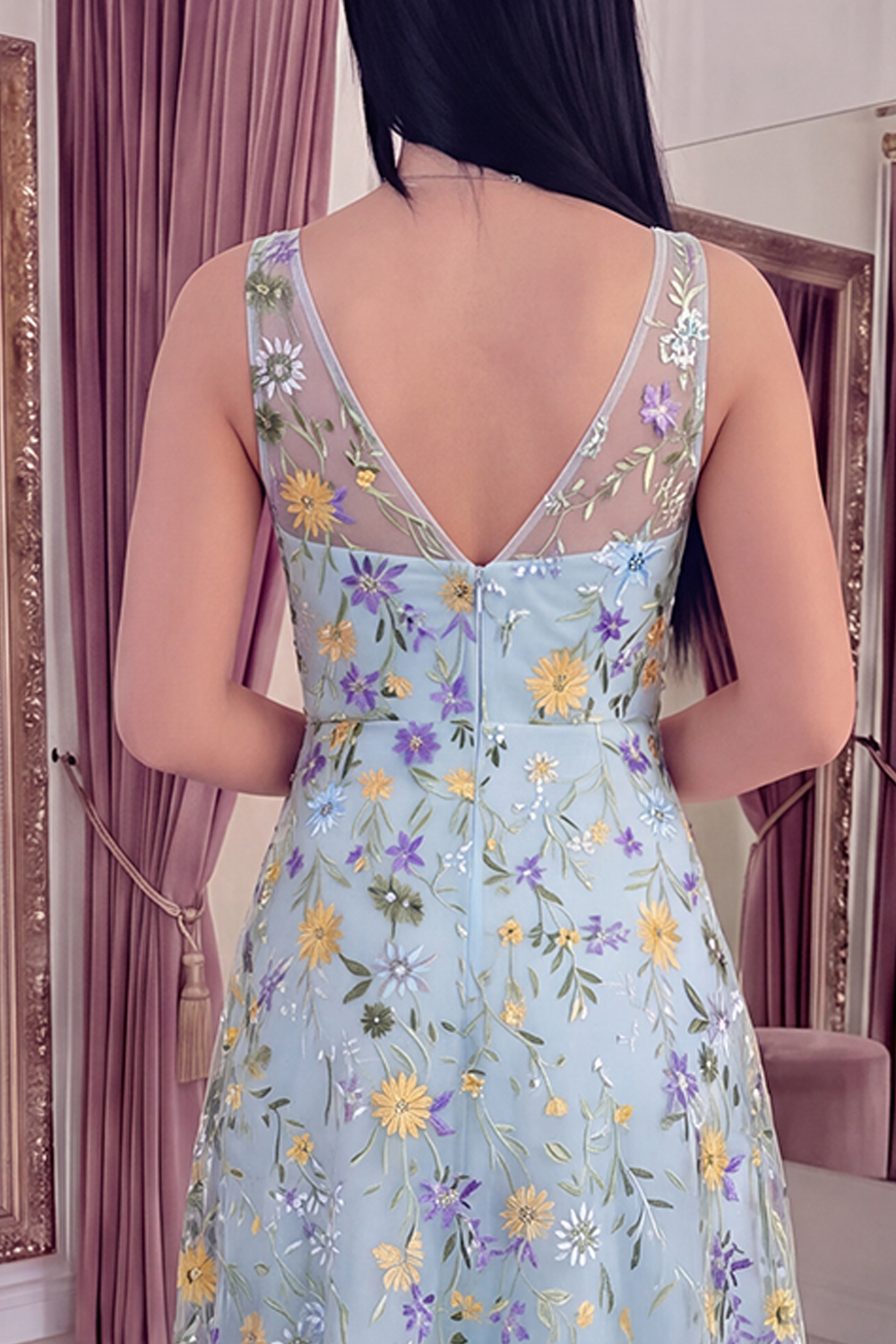 V-Neck Blue Flower Long A Line Prom Dress