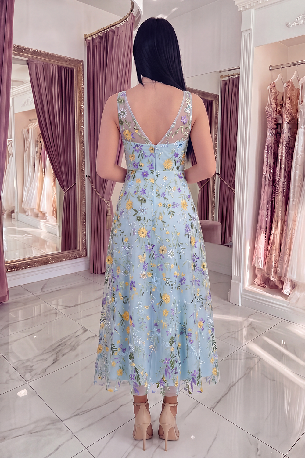 V-Neck Blue Flower Long A Line Prom Dress