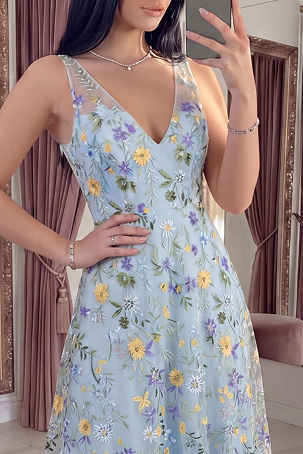 V-Neck Blue Flower Long A Line Prom Dress