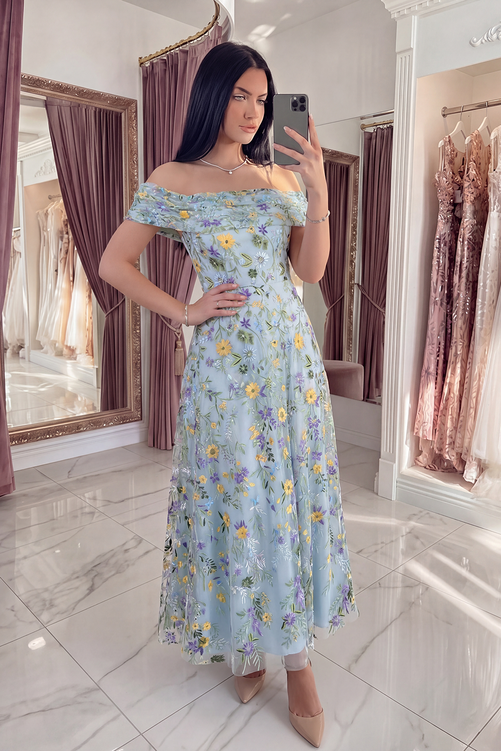Blue Flower Off the Shoulder Long A Line Prom Dress