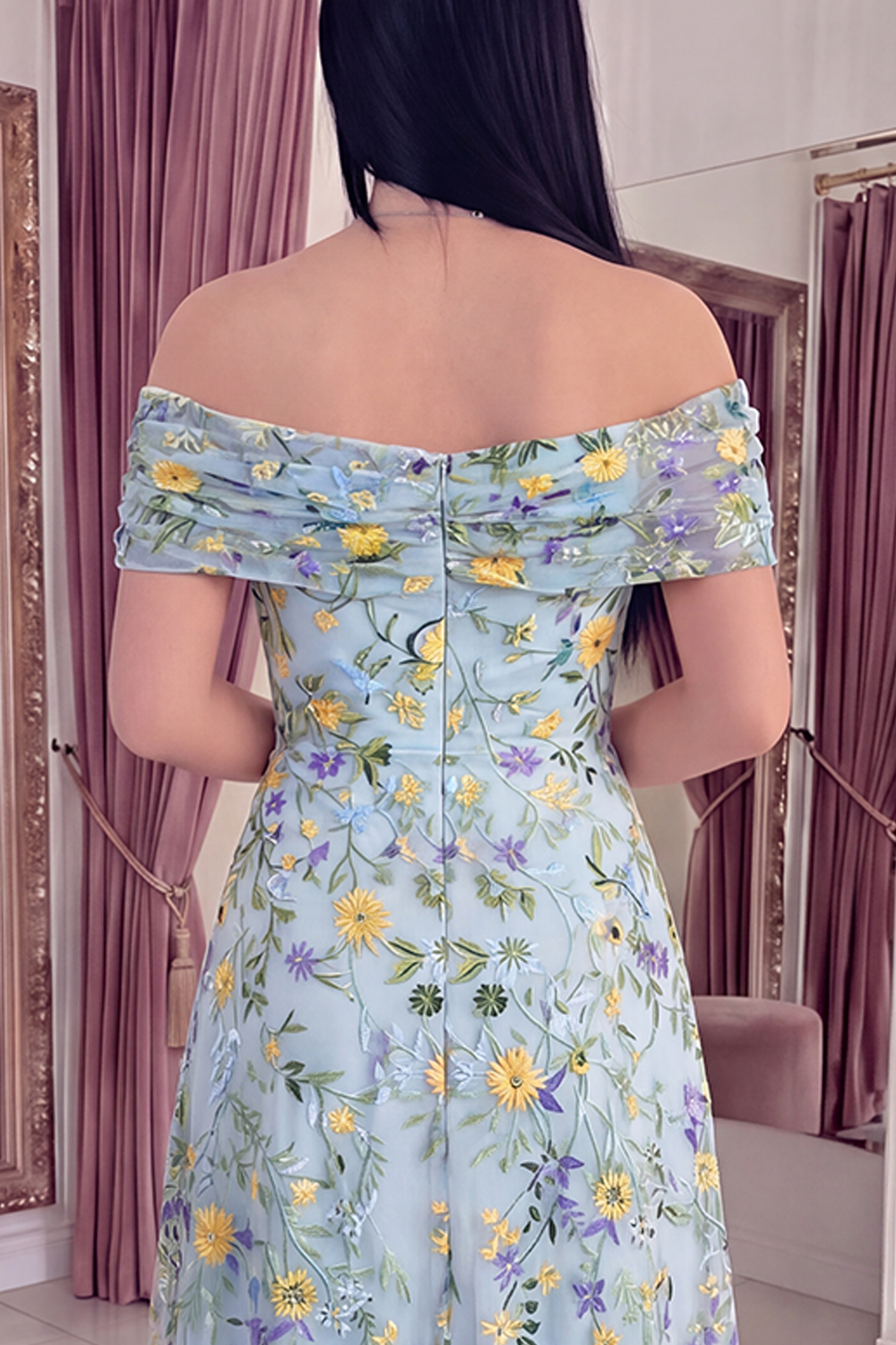 Blue Flower Off the Shoulder Long A Line Prom Dress