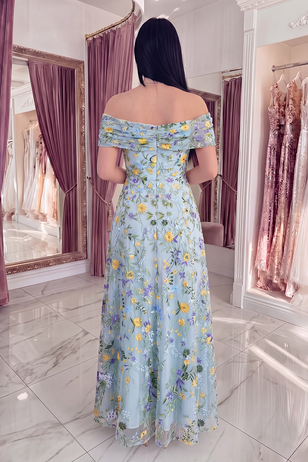 Blue Flower Off the Shoulder Long A Line Prom Dress