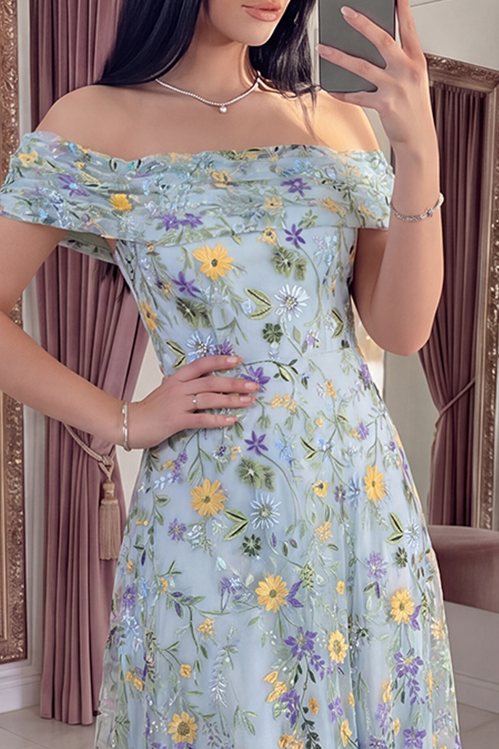 Blue Flower Off the Shoulder Long A Line Prom Dress