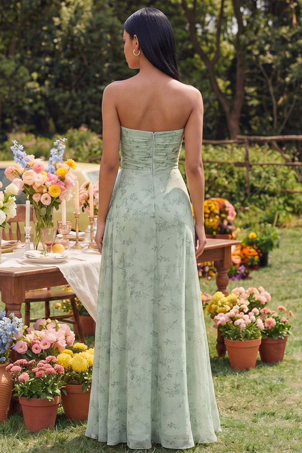 Strapless Dusty Sage Long A Line Keyhole Formal Dress with Slit