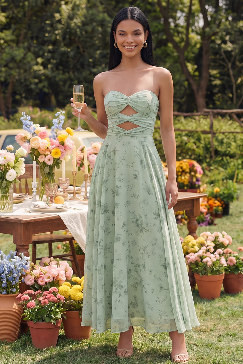 Keyhole Dusty Sage A Line Strapless Long Formal Dress