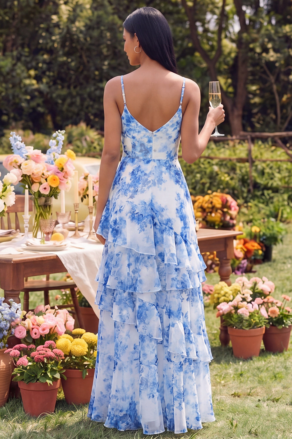 White Blue Flower Long A Line Spaghetti Straps Formal Dress with Ruffles