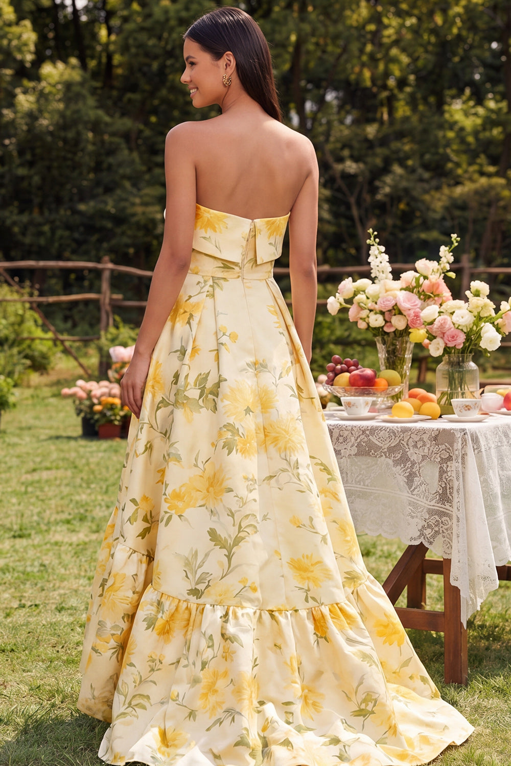 Yellow Floral Long A Line Strapless Formal Dress