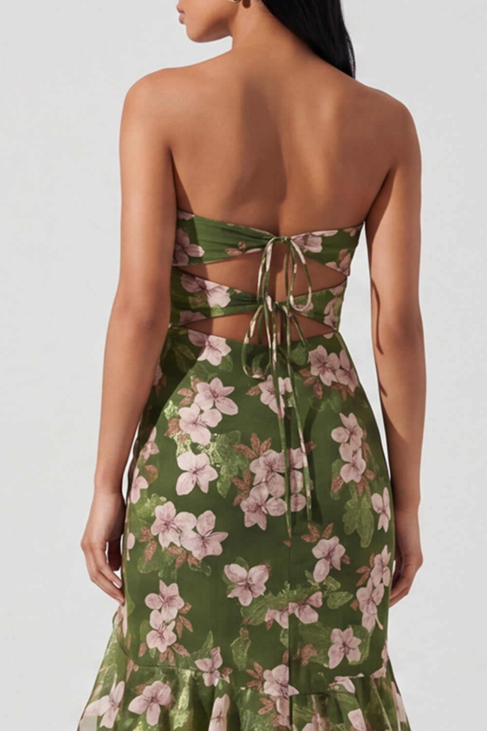 Dark Green Mermaid Keyhole Long Floral Formal Dress with Ruffles