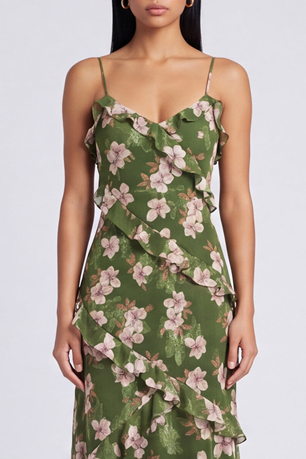 Floral Dark Green Spaghetti Straps A Line Long Formal with Ruffles