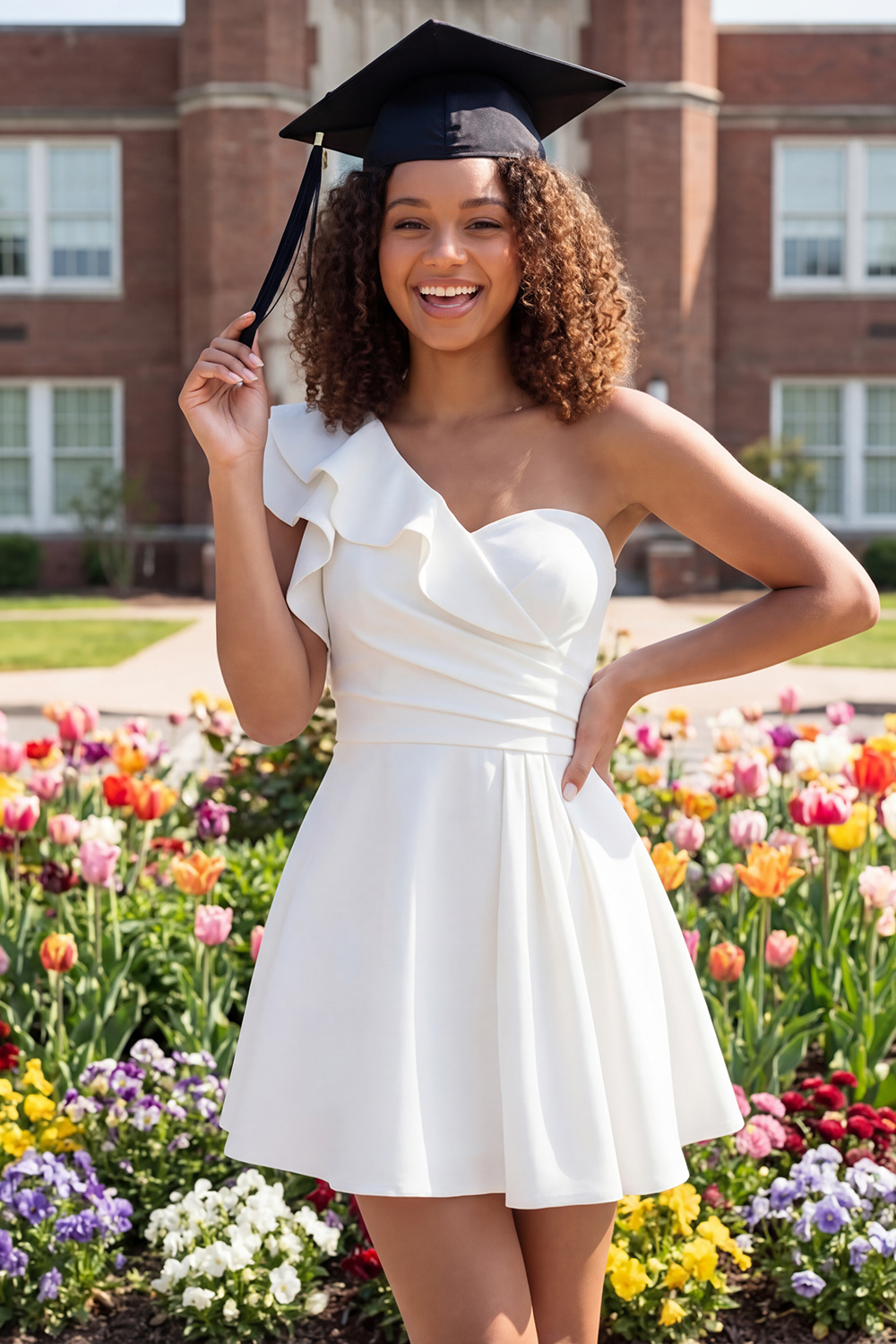 Ivory A Line One Shoulder Ruched Short Graduation Dress with Ruffles