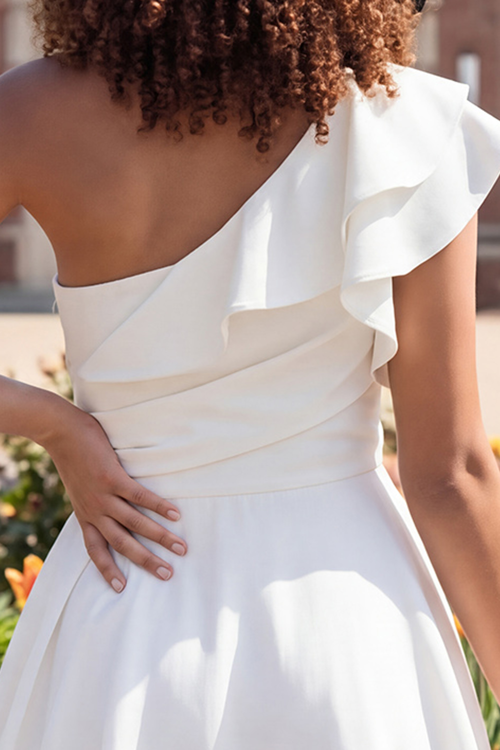 Ivory A Line One Shoulder Ruched Short Graduation Dress with Ruffles