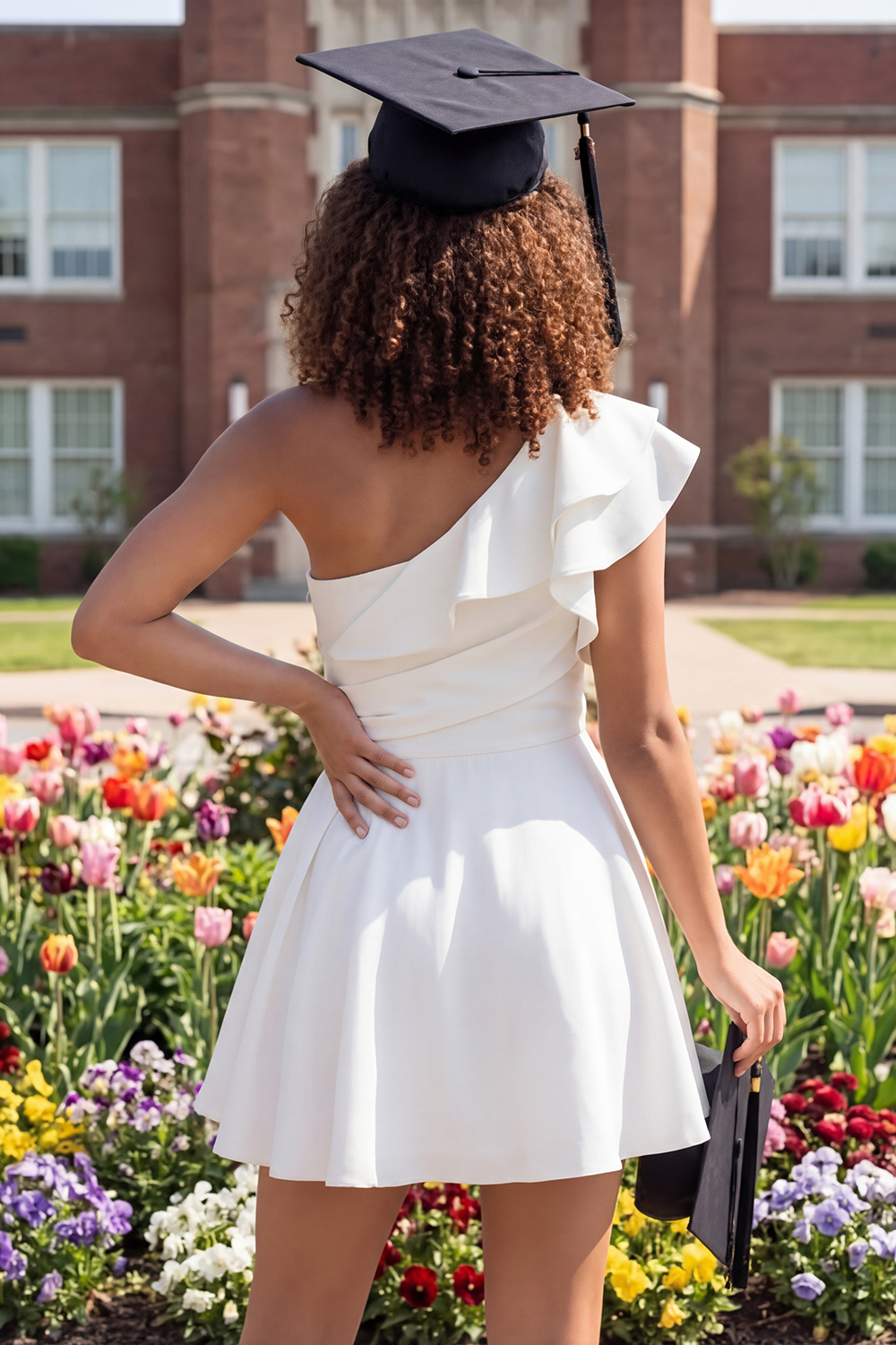 Ivory A Line One Shoulder Ruched Short Graduation Dress with Ruffles