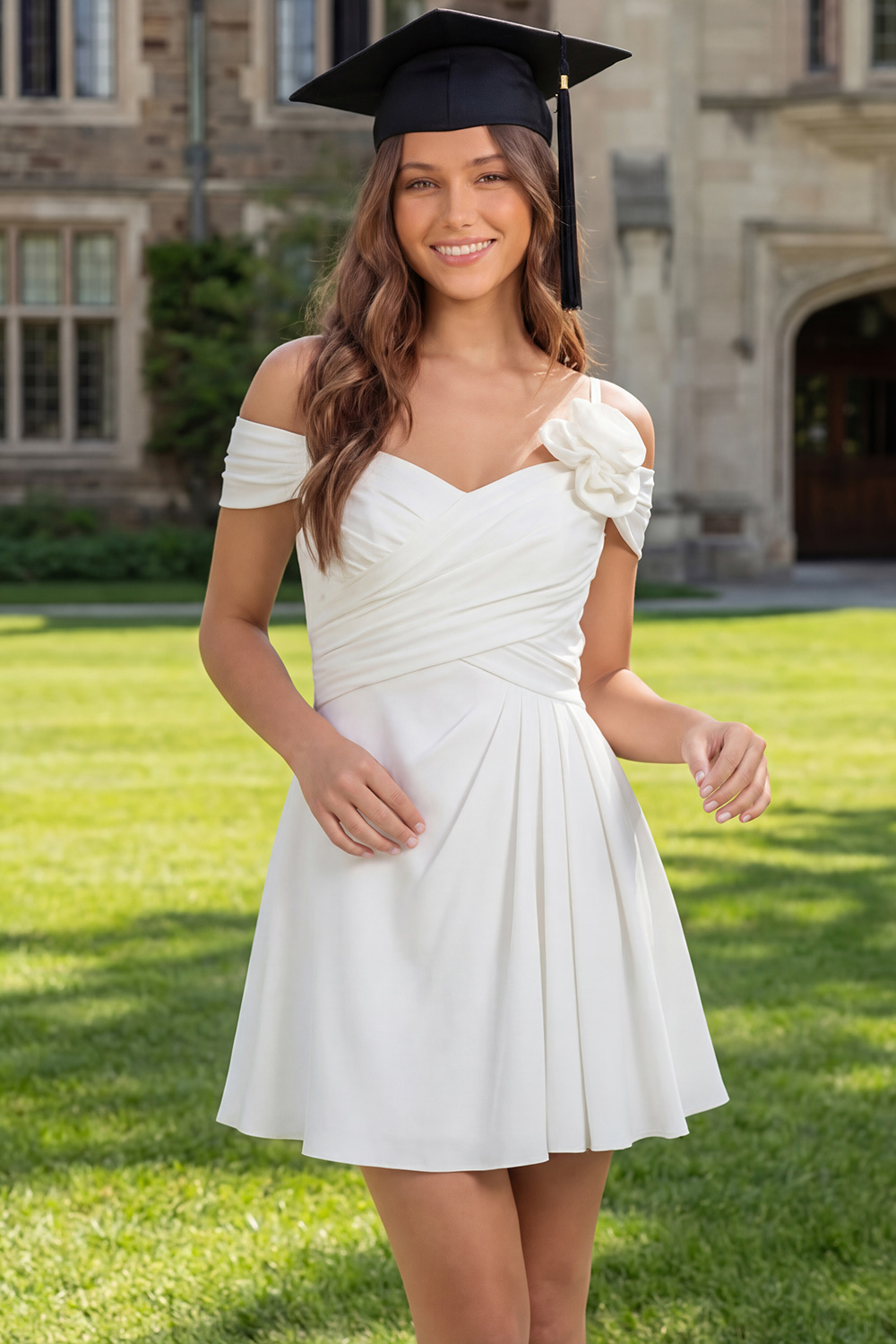 Off the Shoulder A Line Ivory Ruched Short Graduation Dress with 3D Flower