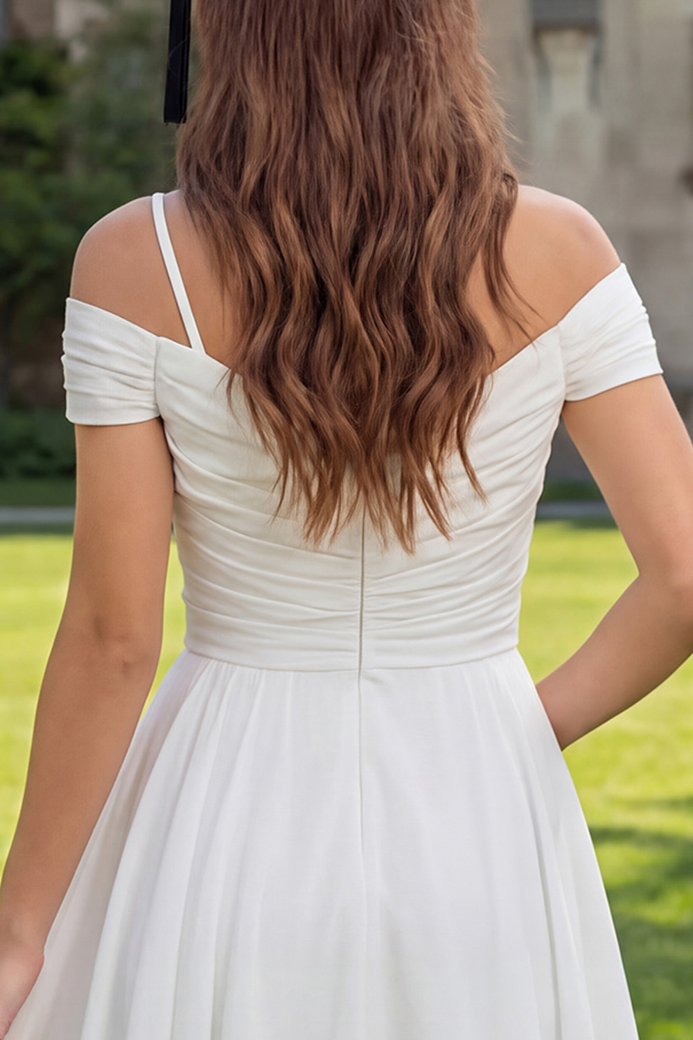 Off the Shoulder A Line Ivory Ruched Short Graduation Dress with 3D Flower