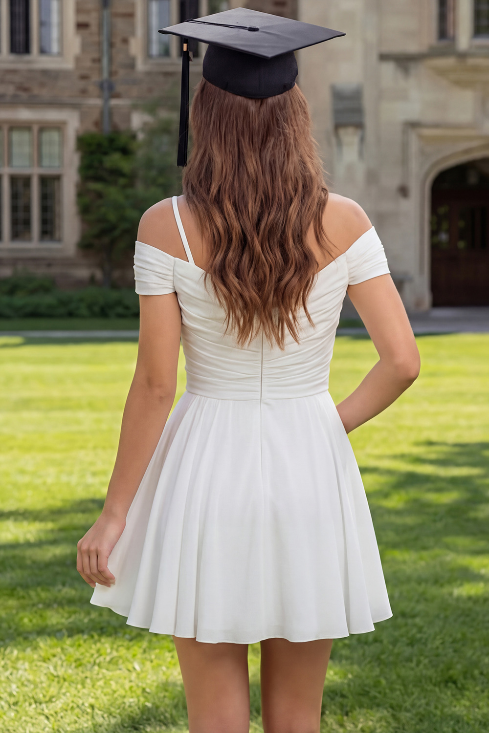 Off the Shoulder A Line Ivory Ruched Short Graduation Dress with 3D Flower