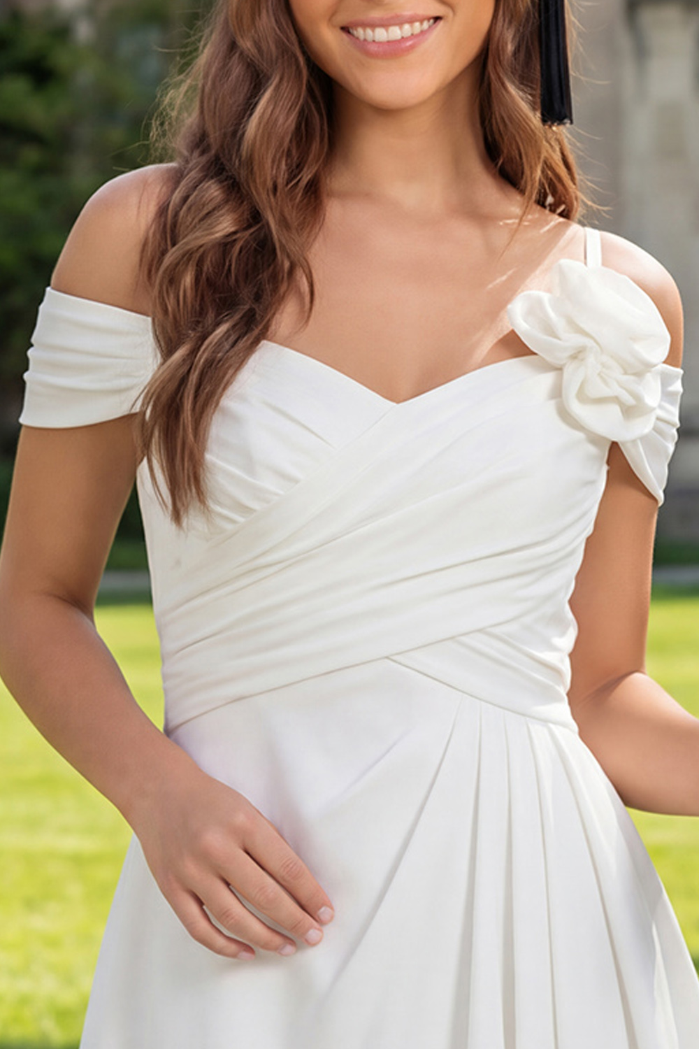 Off the Shoulder A Line Ivory Ruched Short Graduation Dress with 3D Flower