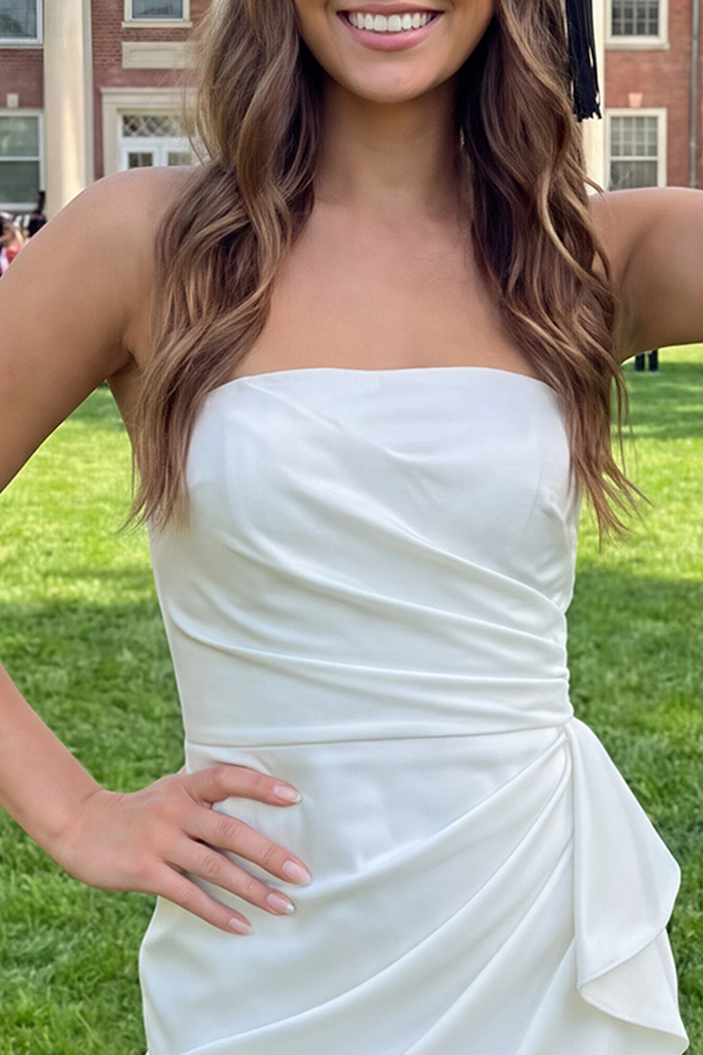 Ivory Strapless Ruched Tight Short Graduation Dress with Sash