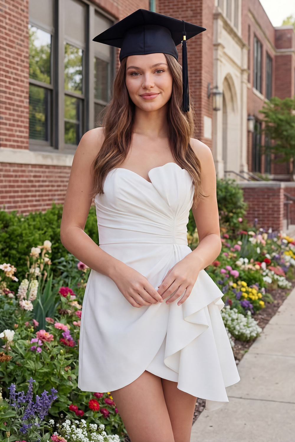 Ivory Strapless Ruched Short A Line Ruffled Graduation Dress