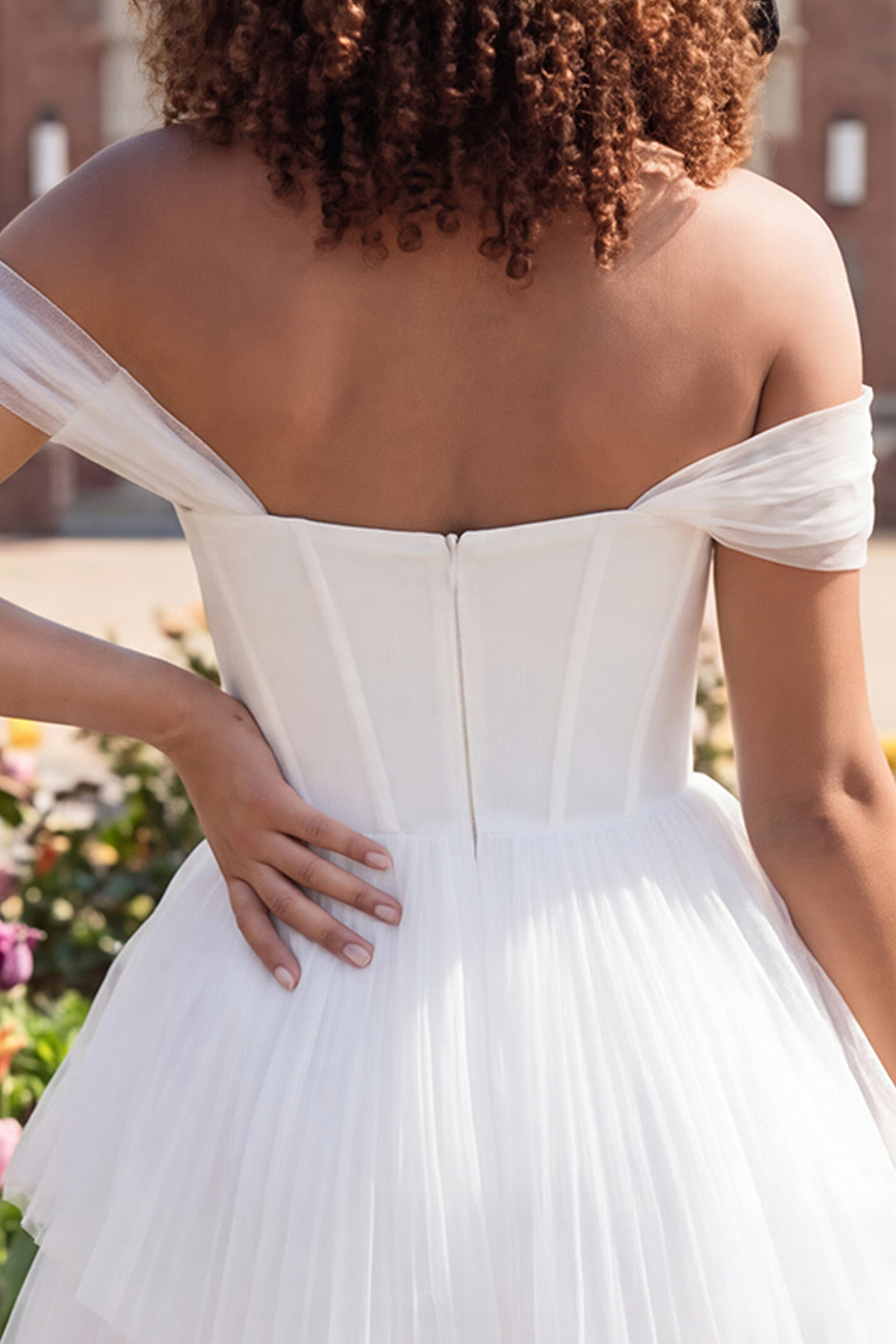 Ivory Corset Off the Shoulder A Line Short Graduation Dress with Ruffles