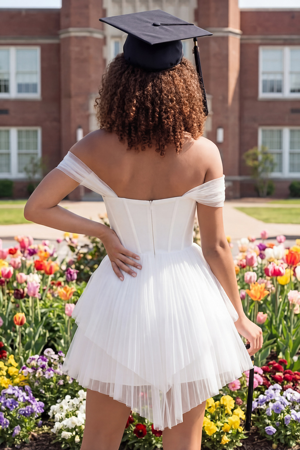 Ivory Corset Off the Shoulder A Line Short Graduation Dress with Ruffles