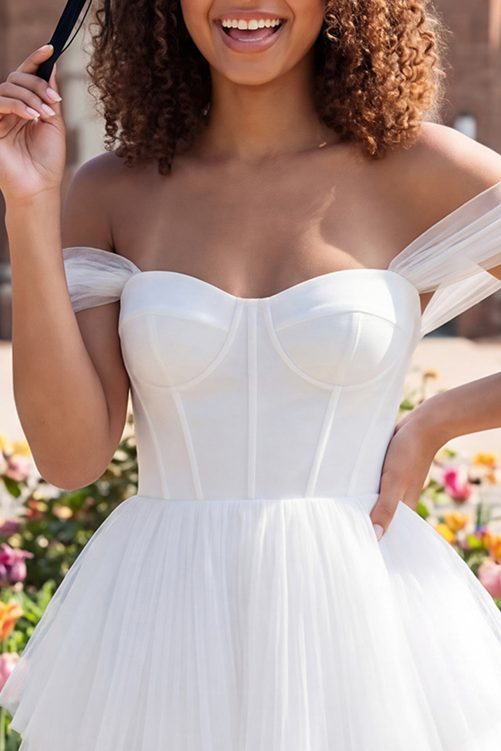 Ivory Corset Off the Shoulder A Line Short Graduation Dress with Ruffles