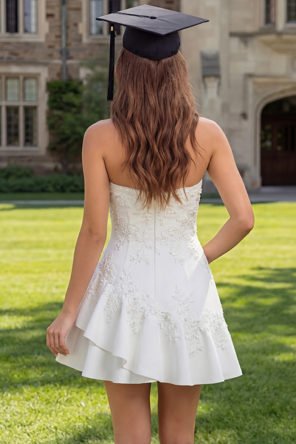 Ivory Ruffled A Line Sweetheart Short Floral Graduation Dress with Pearls