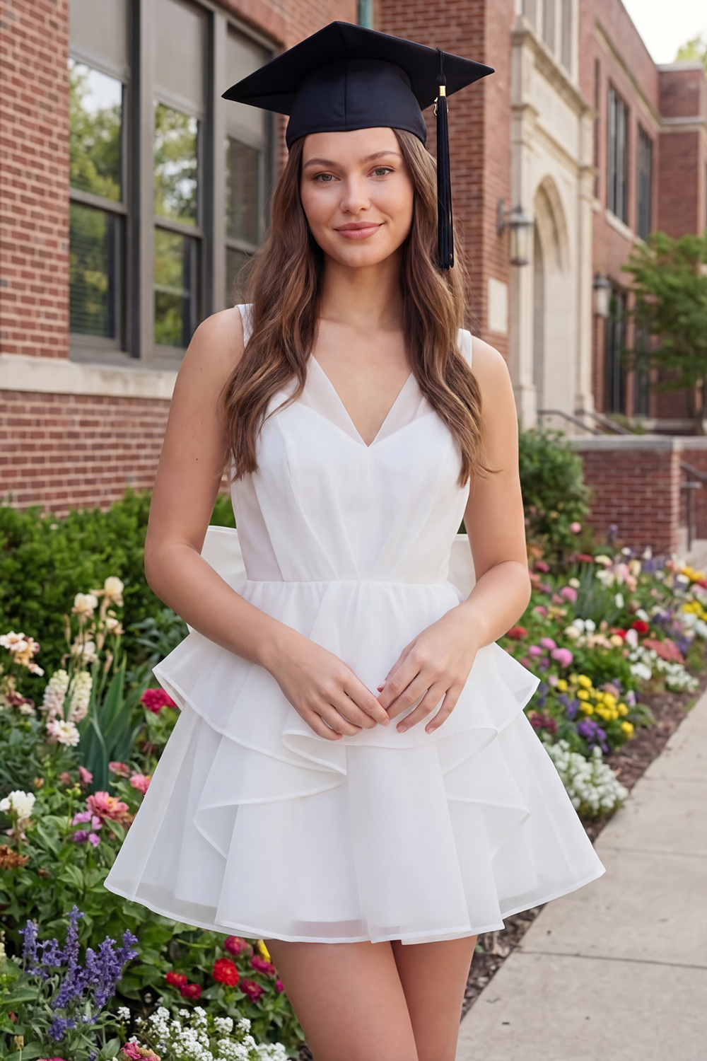 Ivory V-Neck A Line Short Ruffled Graduation Dress with Bow