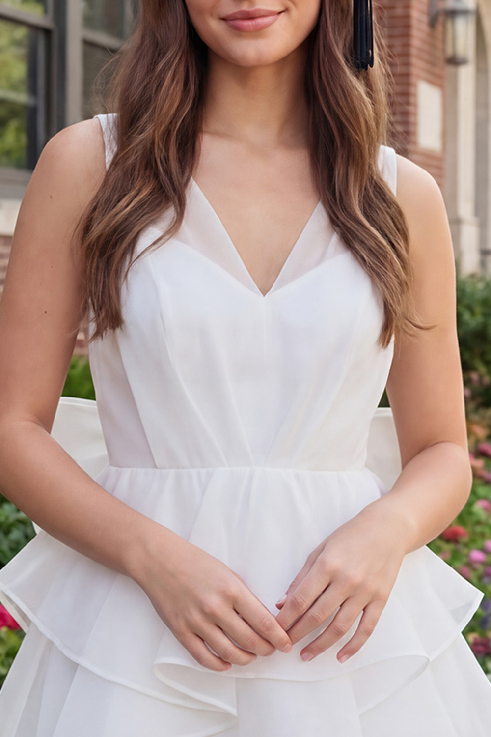 Ivory V-Neck A Line Short Ruffled Graduation Dress with Bow