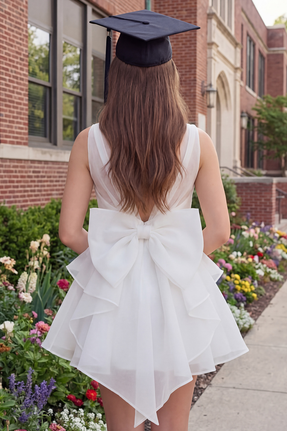Ivory V-Neck A Line Short Ruffled Graduation Dress with Bow
