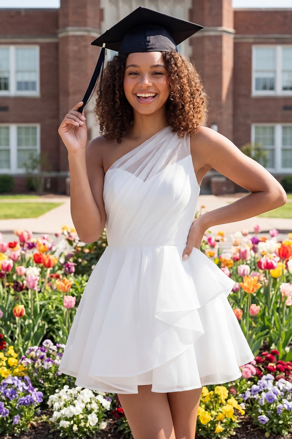 Ivory One Shoulder A Line Short Ruched Graduation Dress with Ruffles