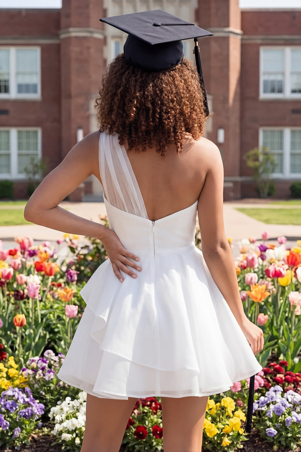 Ivory One Shoulder A Line Short Ruched Graduation Dress with Ruffles