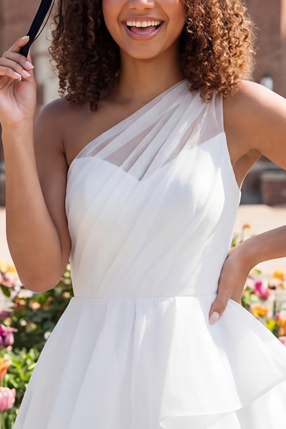 Ivory One Shoulder A Line Short Ruched Graduation Dress with Ruffles