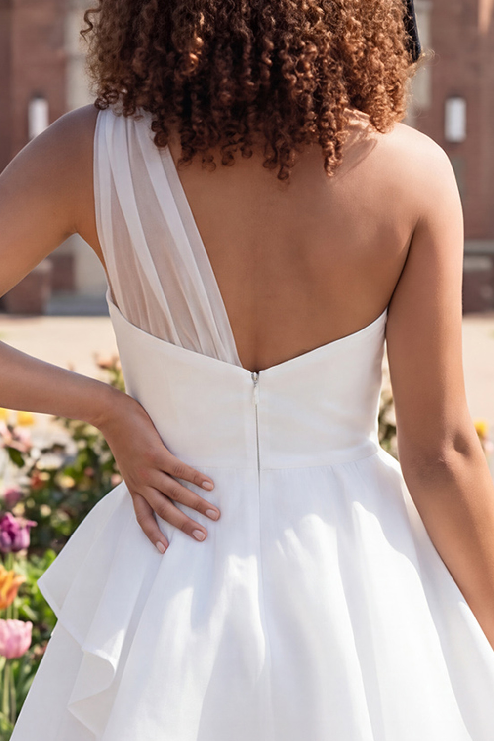 Ivory One Shoulder A Line Short Ruched Graduation Dress with Ruffles