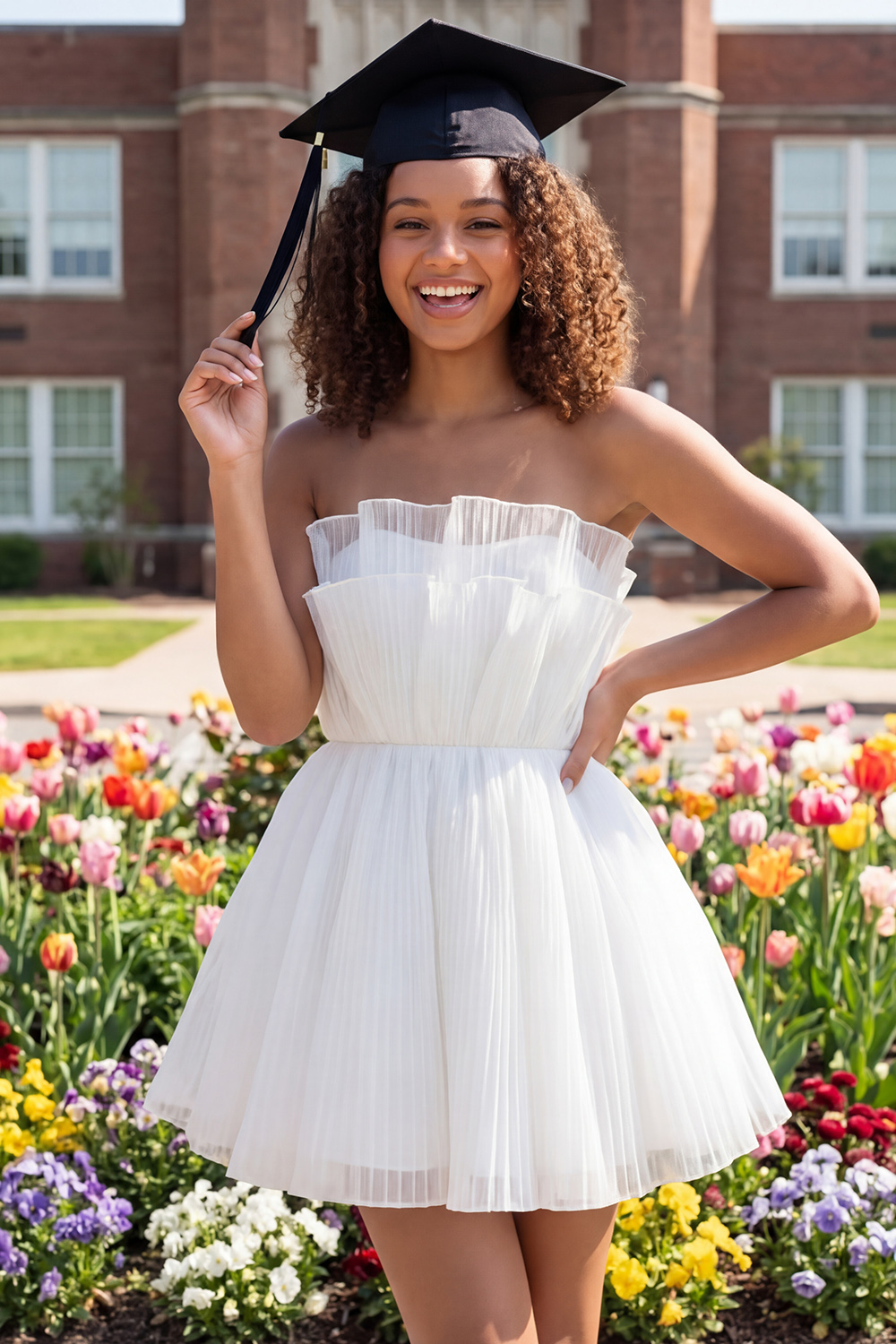 A Line Strapless Ivory Ruffled Short Graduation Dress with Bow
