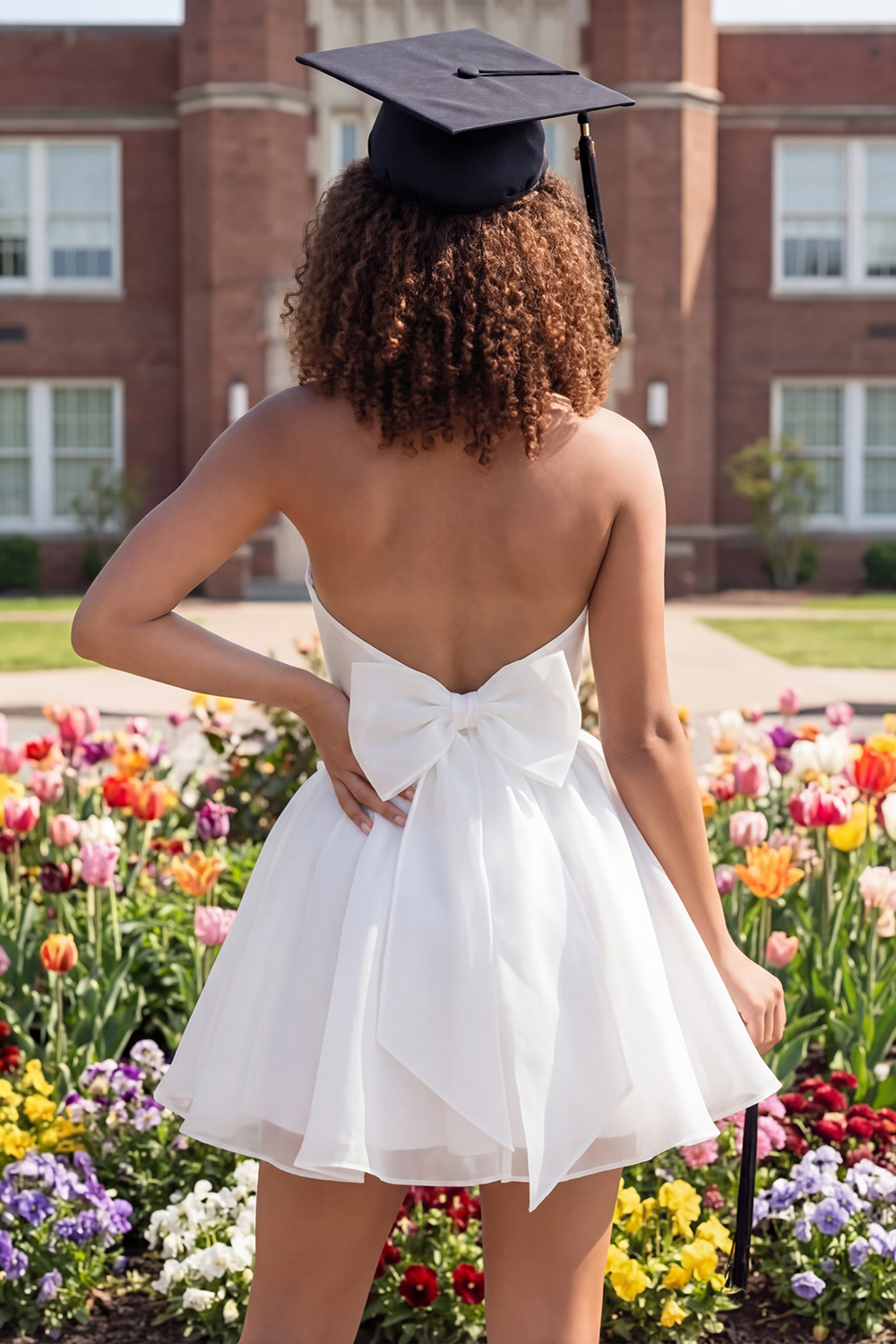 A Line Strapless Ivory Ruffled Short Graduation Dress with Bow