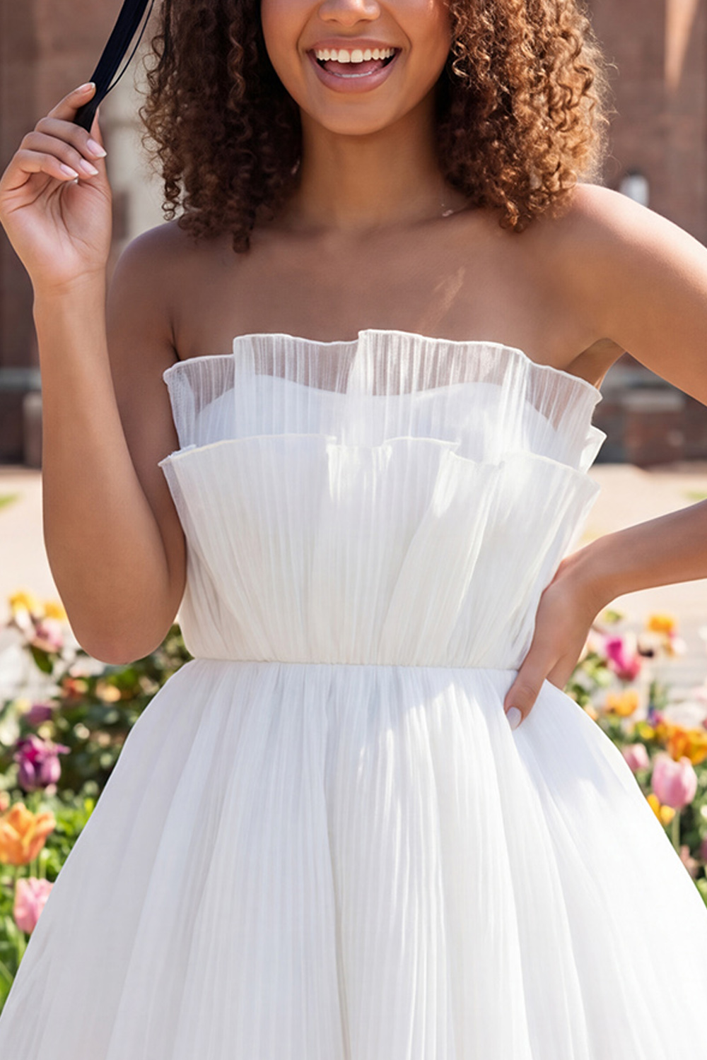 A Line Strapless Ivory Ruffled Short Graduation Dress with Bow