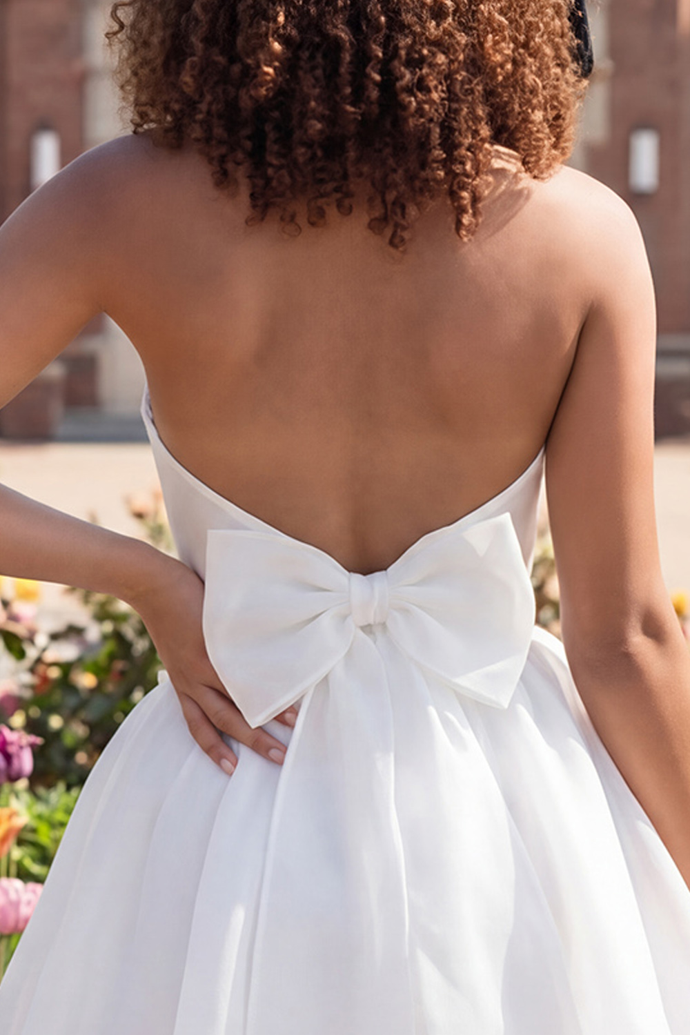 A Line Strapless Ivory Ruffled Short Graduation Dress with Bow