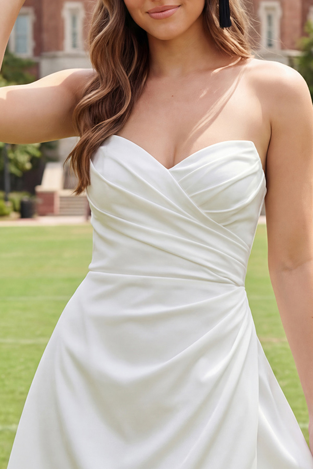 A Line Ivory Satin Short Sweetheart Ruched Graduation Dress