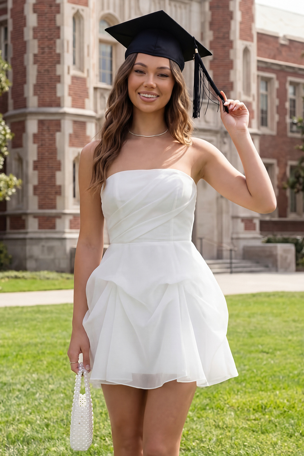 Ivory Ruffled A Line Strapless Short Corset Graduation Dress with Bow