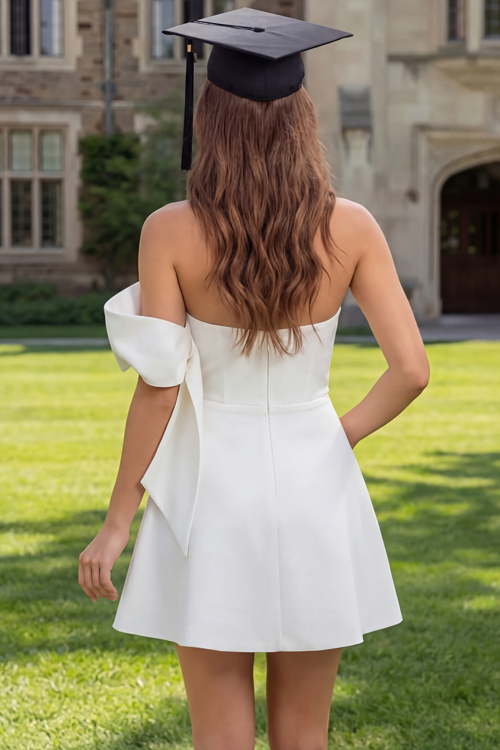 Ivory A Line Strapless Corset Short Graduation Dress with Bow