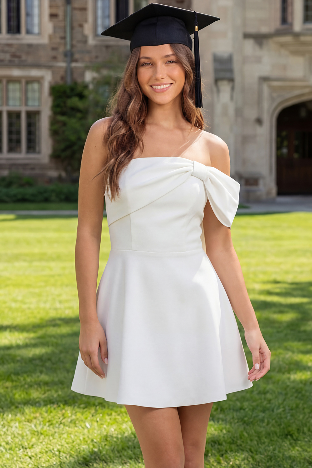 Ivory A Line Strapless Corset Short Graduation Dress with Bow