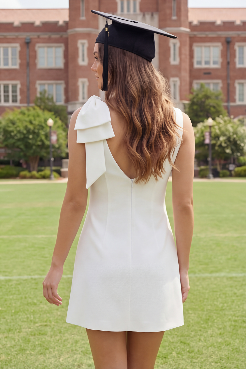 Ivory Boat Neck Ruched A Line Short Graduation Dress with Bow