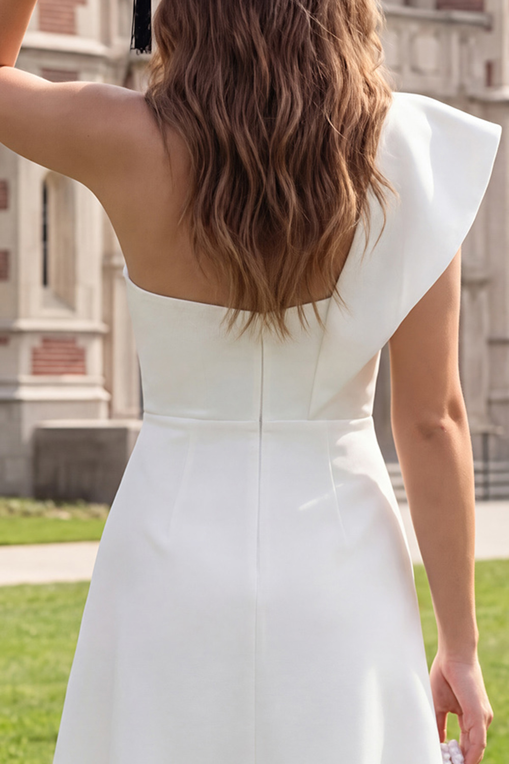 Ivory One Shoulder Ruffled A Line Short Graduation Dress with Slit