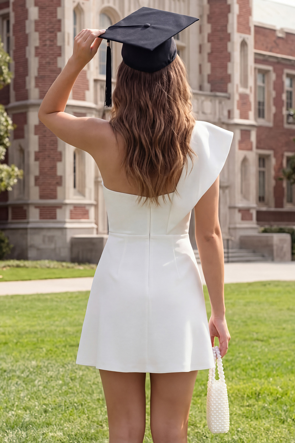 Ivory One Shoulder Ruffled A Line Short Graduation Dress with Slit