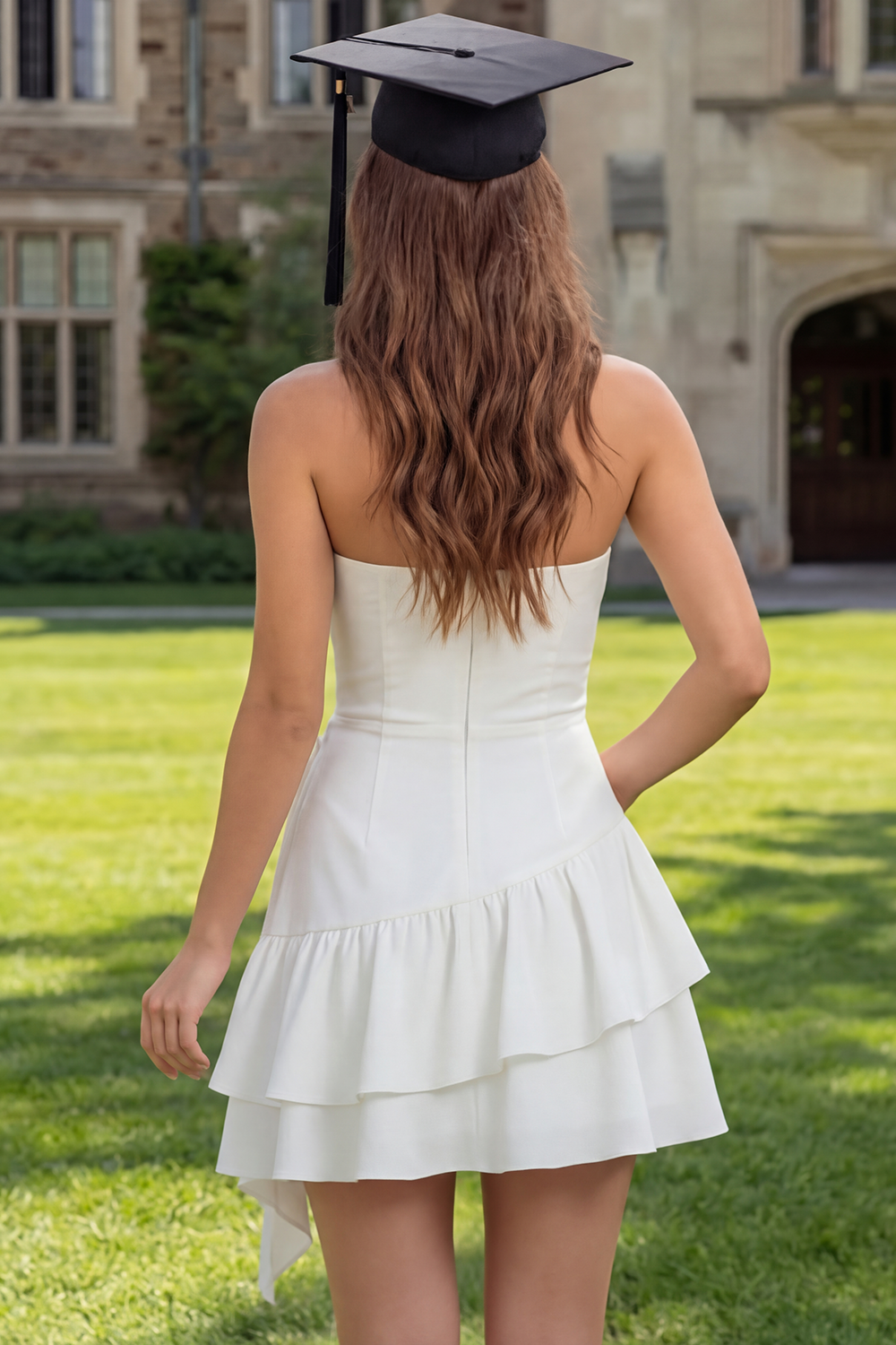 Ivory Strapless A Line Short Graduation Dress with Ruffles