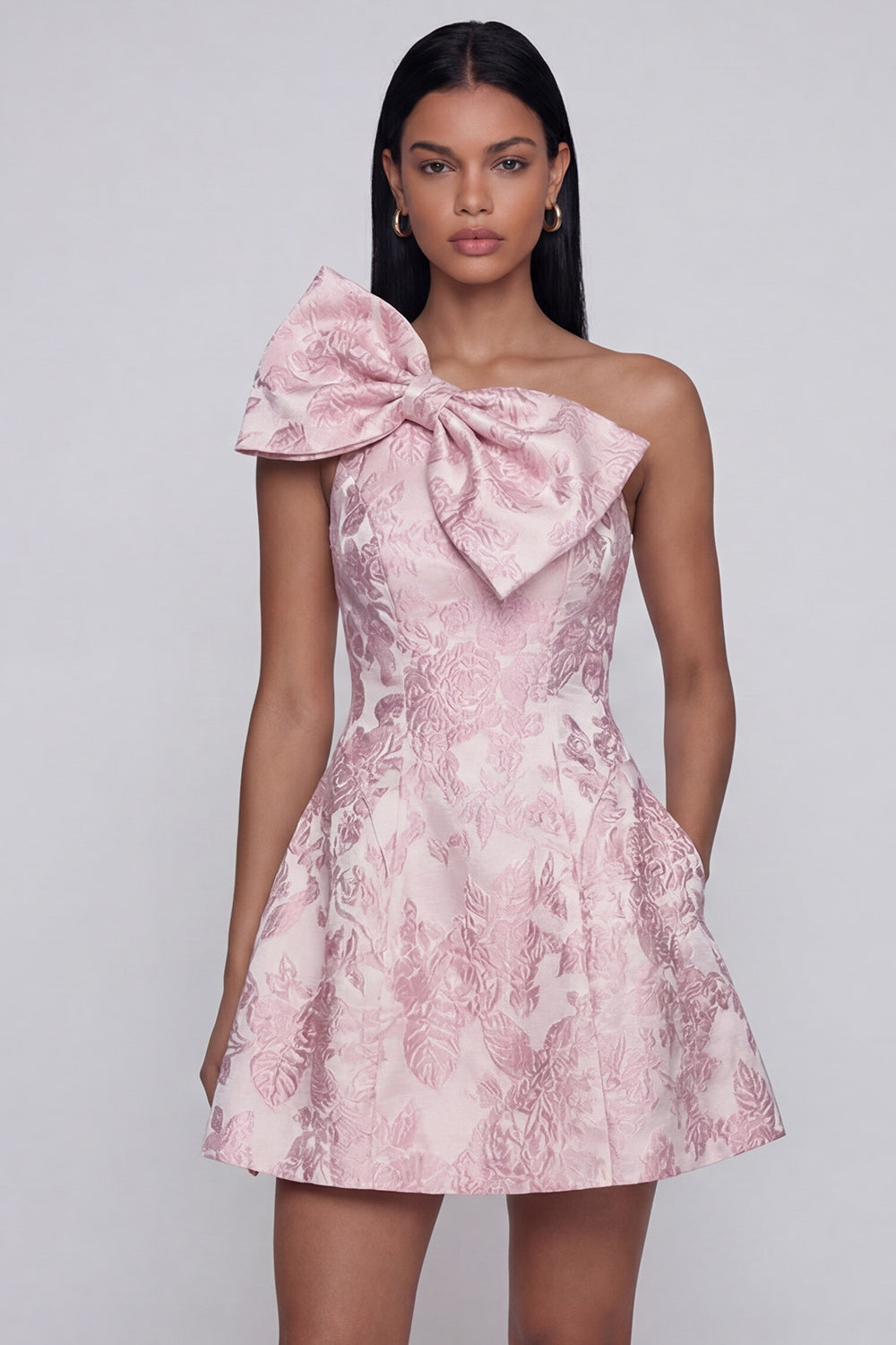 Pink A Line Short One Shoulder Floral Homecoming Dress with Bow