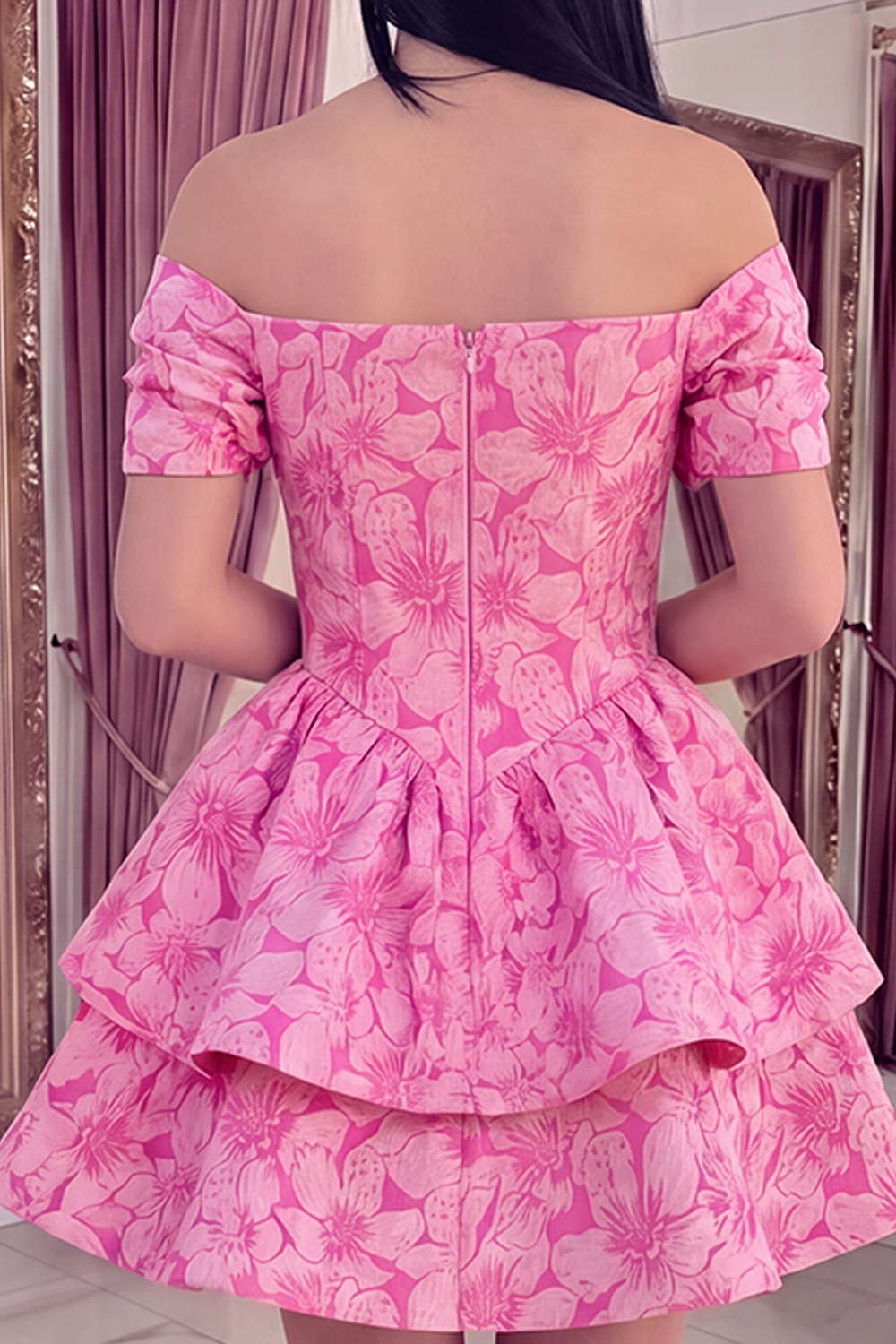 Fuchsia A Line Short Floral Off the Shoulder Ruffled Homecoming Dress with Bow